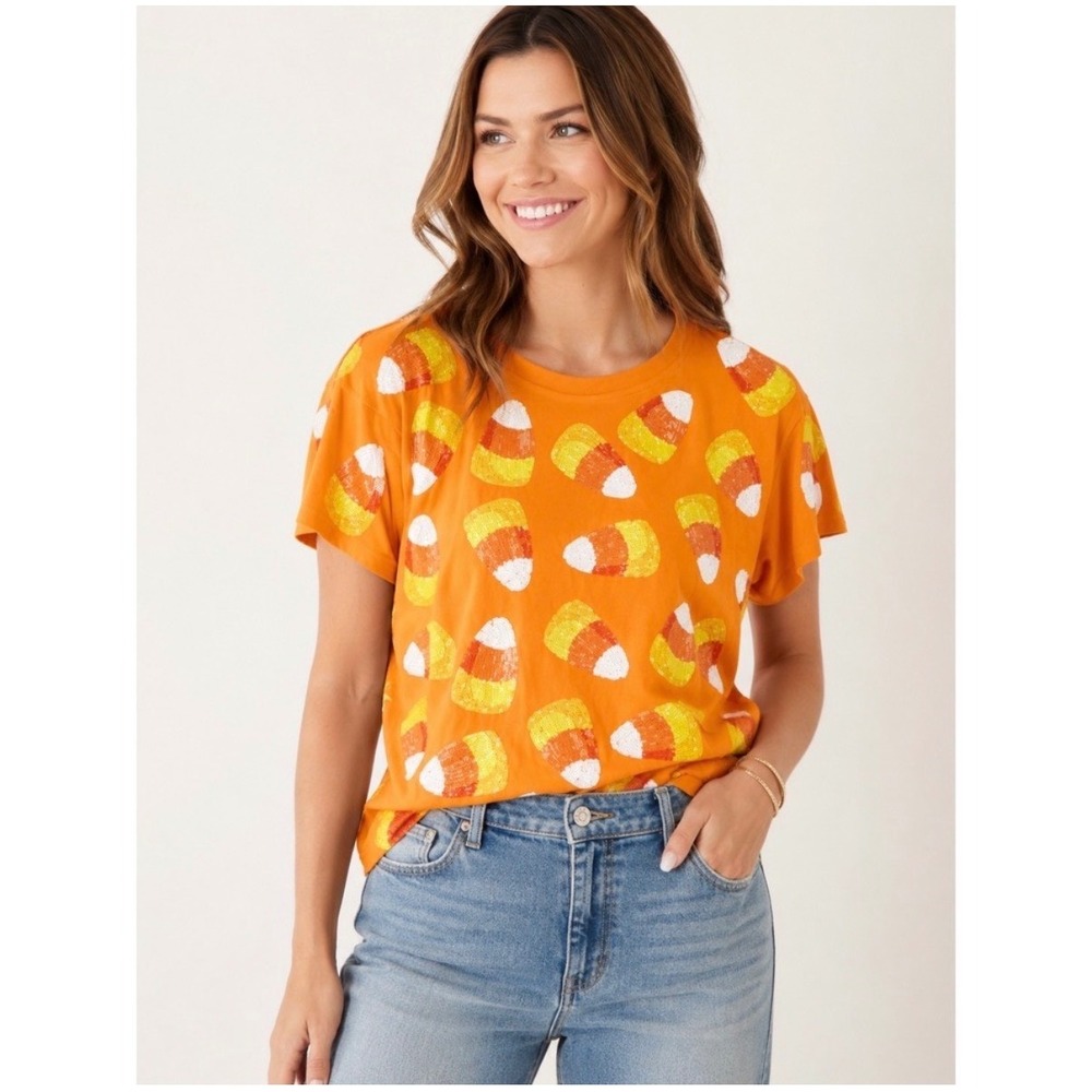 Queen of Sparkles Orange Sequin Candy Corn Halloween Tee Shirt Small